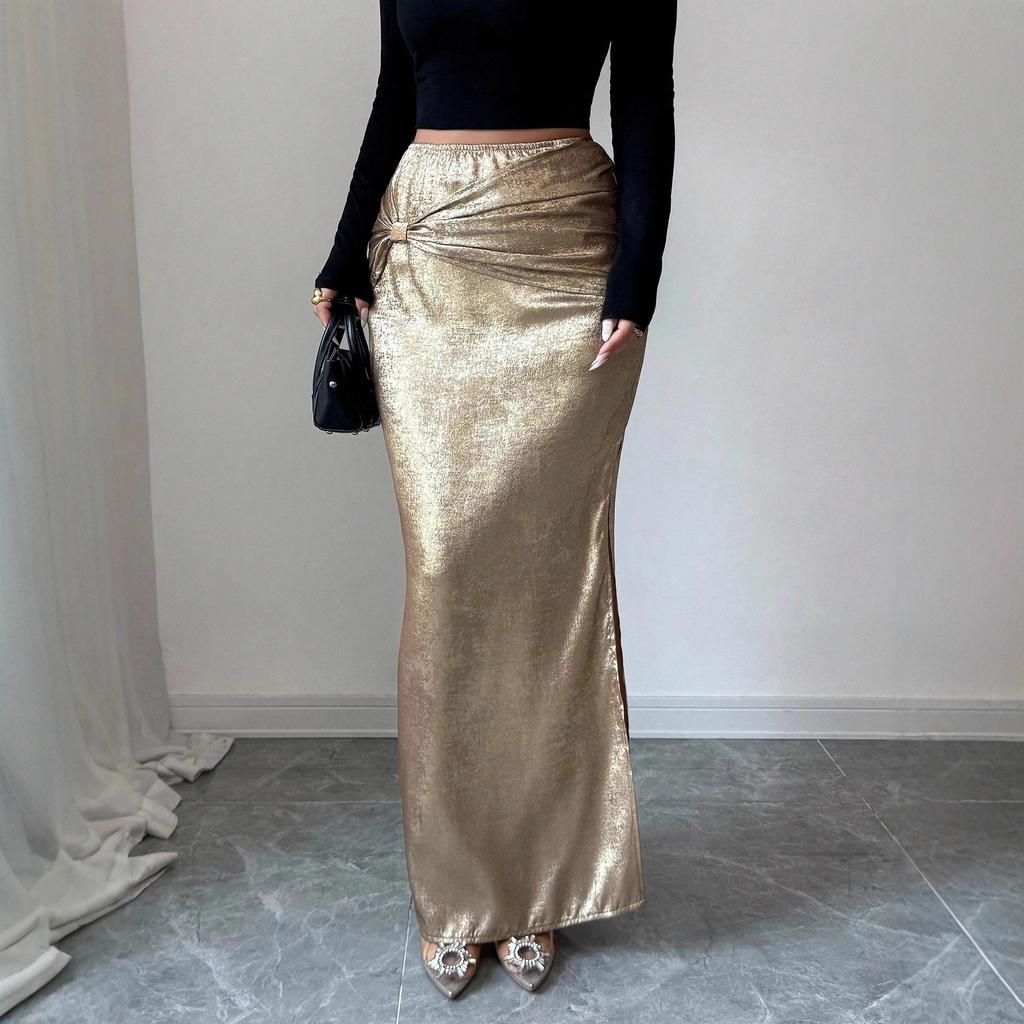 2025 Autumn and Winter New Metal Decorated Pleated Hip Covering Slit Design Slimming Skirt