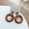 Korean Retro Geometric Wooden Stud Earrings with Metal Letter Dangle
