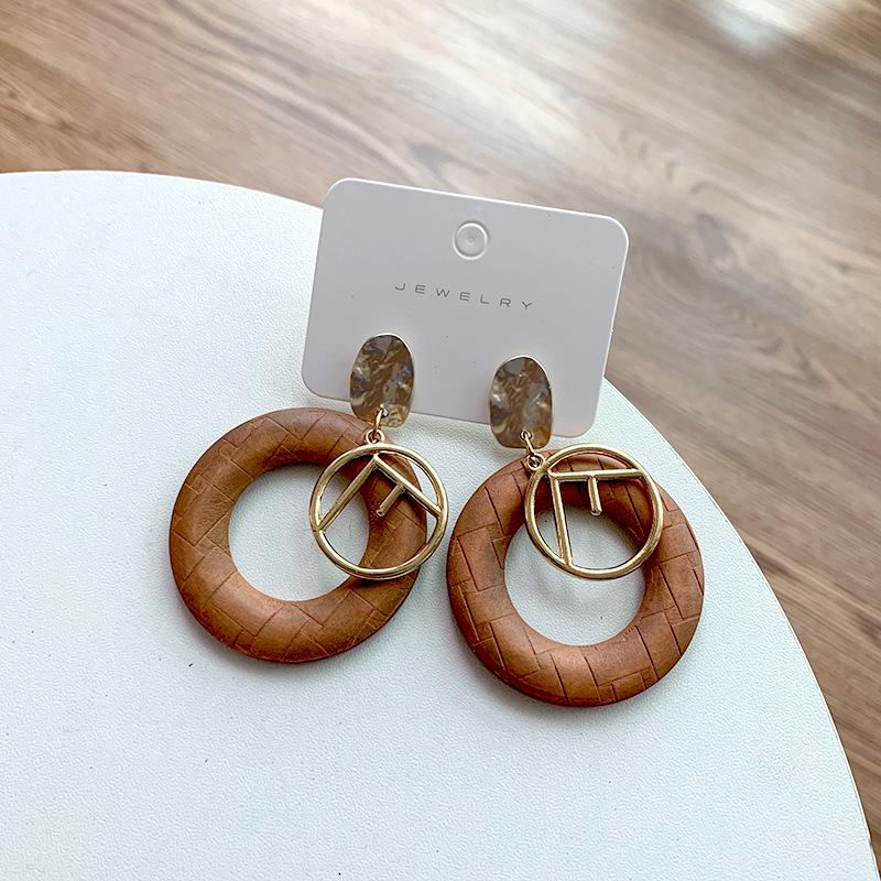 Korean Retro Geometric Wooden Stud Earrings with Metal Letter Dangle
