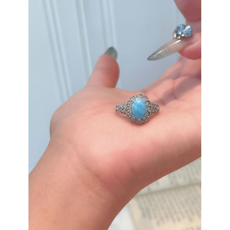 Vintage Meer Muster Stein Anhänger Halskette Set Damen Nische Leichter Luxus Premium Blau Schlüsselbeinkette Ring Ohrstecker