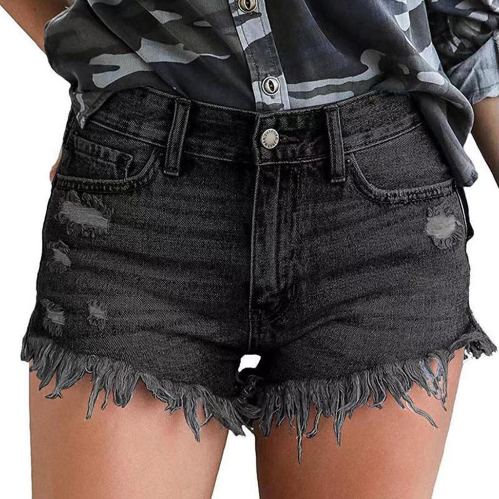 Women's Solid Color Casual Shorts Versatile Straight Leg Ripped Denim Shorts