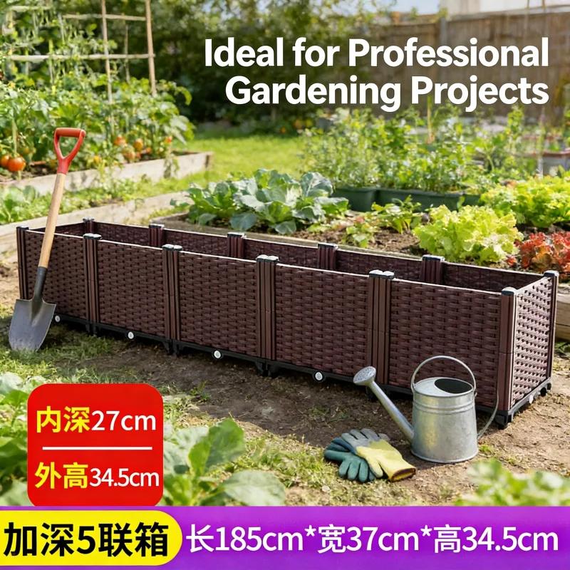 Large Deep 5-Cell Planter Box 185x37x34 Cm Outdoor Vegetable Garden Bed Thick Plastic Raised Container for Balcony Patio