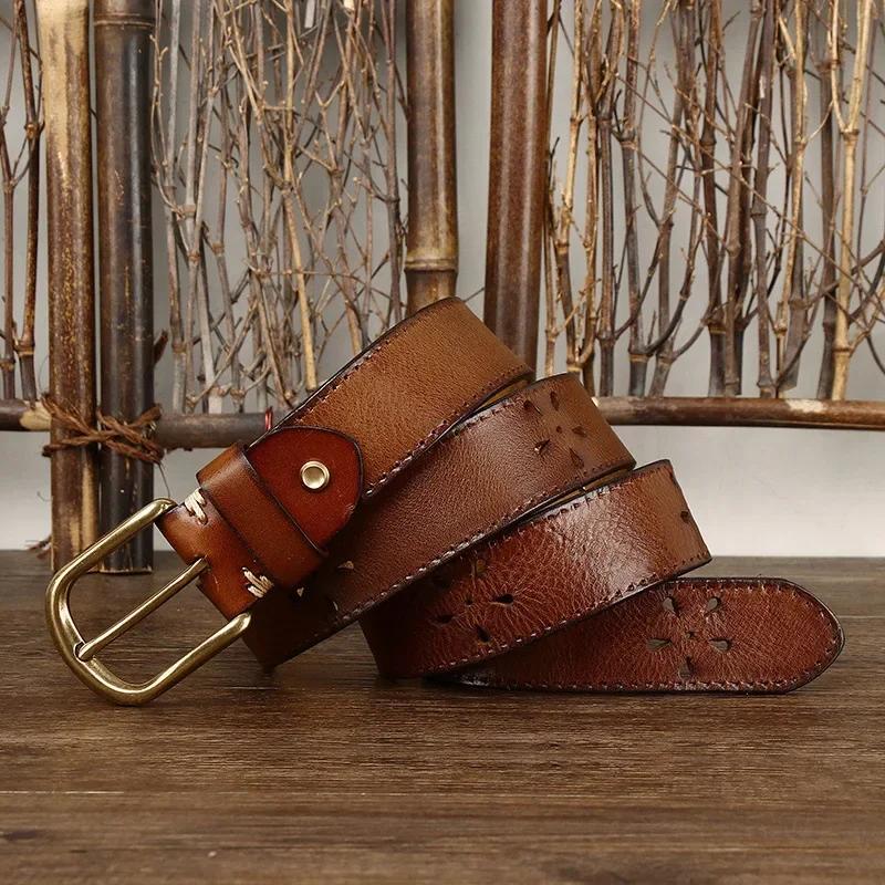 3.8 CM Pure Cowhide Genuine Leather for Men's High Quality Jeans Retro Brass Buckle Belts Cowboy Waistband Male Fashion Designer