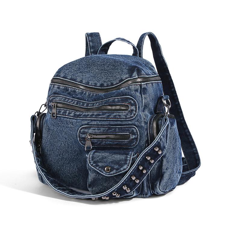 Schoolbag American denim backpack locomotive bag 1011 new niche design multi-pocket simple schoolbag women