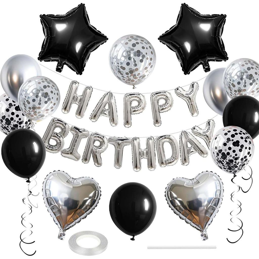 Black Gold Happy Birthday Decorations Balloon Kit with Banner Foil Heart and Star Valentine's Day Wedding Party Balloons