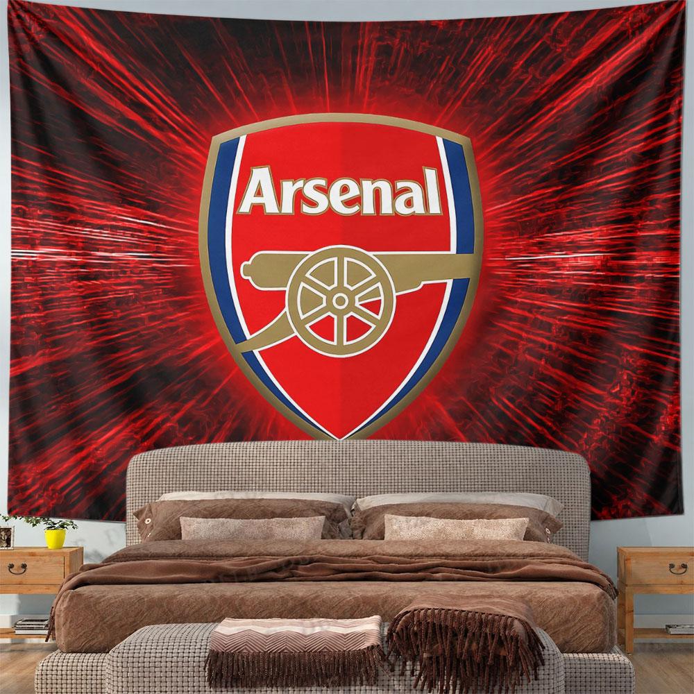 A red shield with a cannon emblem and "Arsenal" text, on a radiant backdrop. Patterned tapestry for bedroom and living room home decor