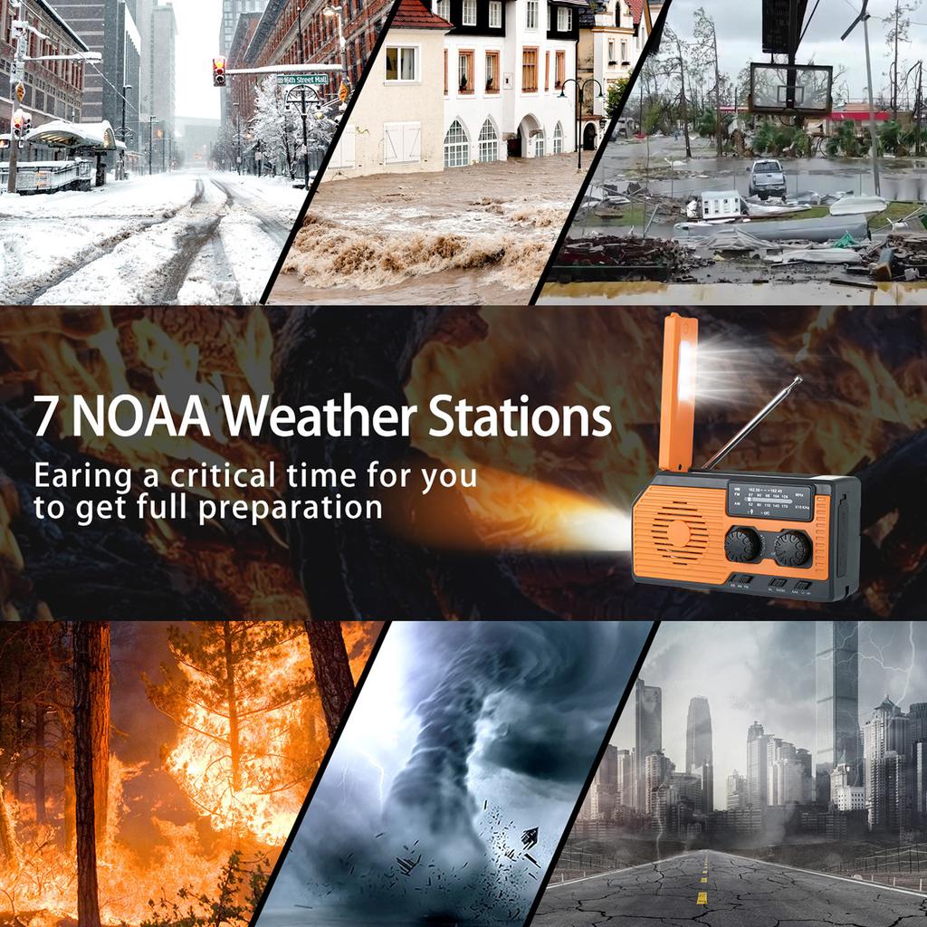 Solar Hand Powered Radio Emergency  r LED Flashlight IPX3 Waterproof Radio with Hand Crank 5000mah Battery