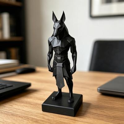 3D Printed Anubis Statue Desk Sculpture with Stable Square Base Matte Black Minimalist Low-Polygon Design for Home Office Study Room Decor Gift