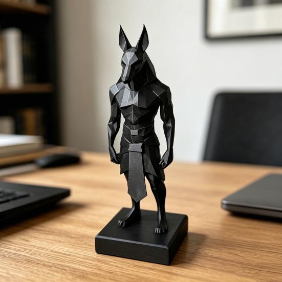 3D Printed Anubis Statue Desk Sculpture with Stable Square Base Matte Black Minimalist Low-Polygon Design for Home Office Study Room Decor Gift