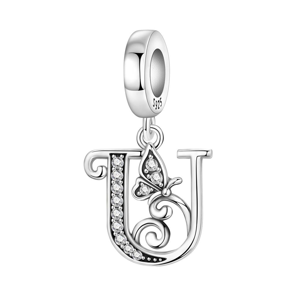 Orstarry DIY Zircon Butterfly 26 Letter Beads 925 Silver Pendant Charms for Bracelet Necklace Jewelry Gifts