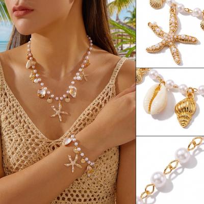New Fashion Shell Starfish Pendant Necklaces for Women Handmade Imitation Pearl Beaded Conch Necklaces Beach Holiday Jewelry
