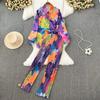 Womens Chiffon Long Sleeve Button-Up Top High-Waist Wide Leg Pants Set Tie-Dye Print Sweet Casual Outfit