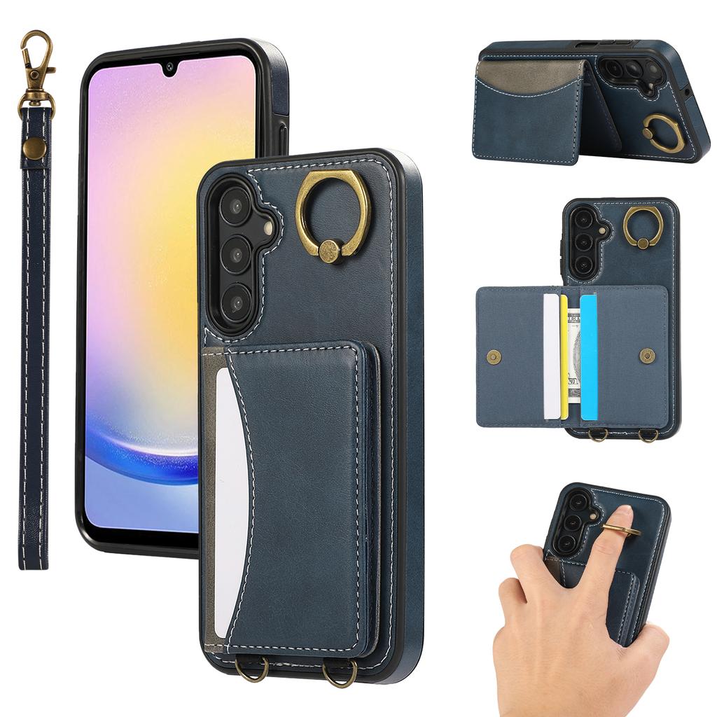 For Samsung Galaxy A24 4G (162.1x77.6x8.3mm) PU Leather Back Case Card Holder Kickstand Phone Cover with Wrist Strap
