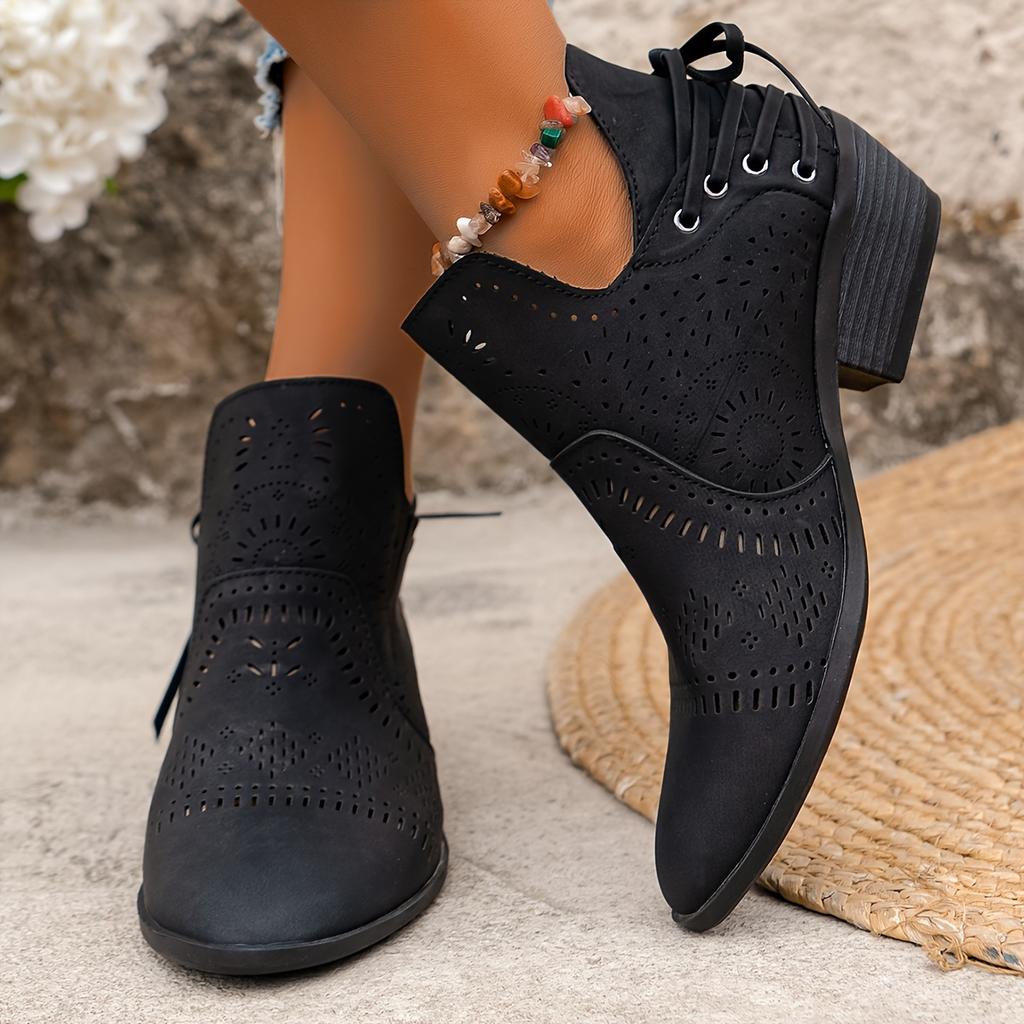 Sleek Silhouette, Chic Women's Slip-On Ankle Boots with Chunky Heel - Faux Cover, Breathable Hollow Design, Versatile Solid Color