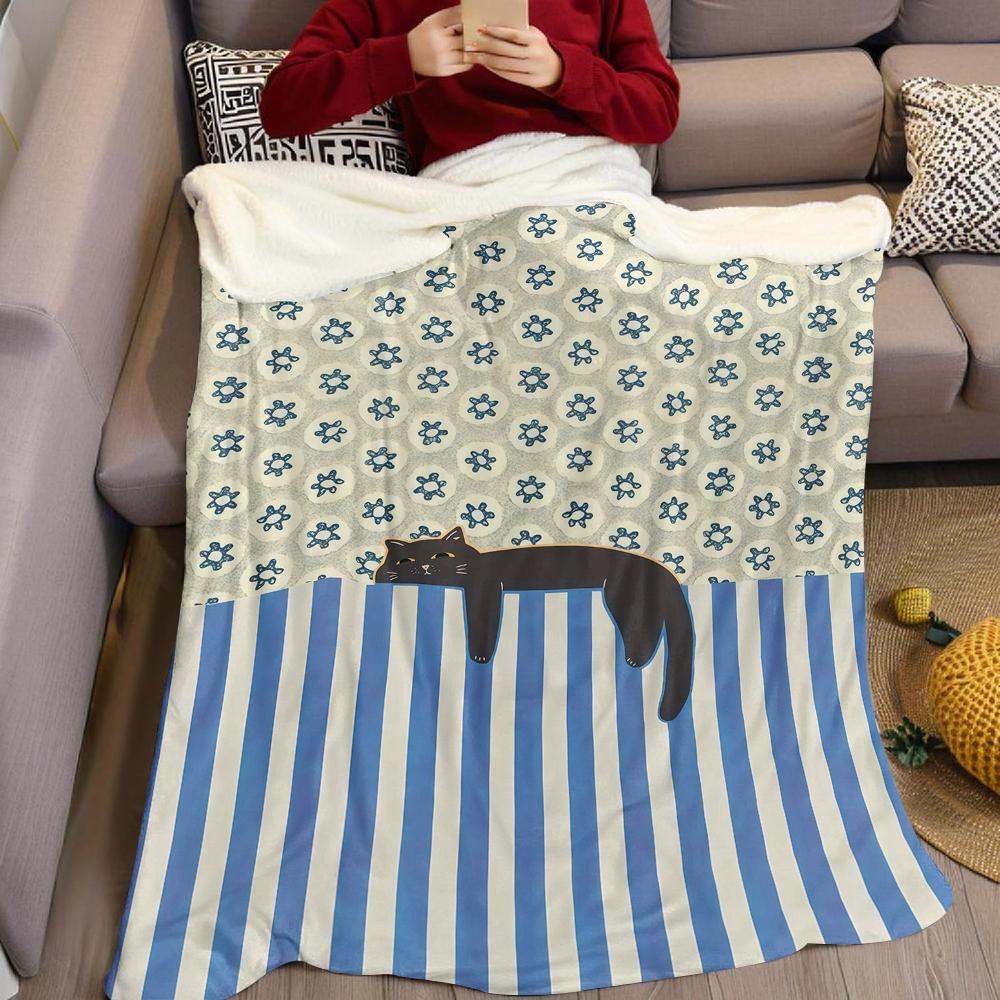Cat With Blue And White Stripes Flannel Blanket Warm Soft Halloween Christmas Couch Warm Cozy Decorative Decor For All Season