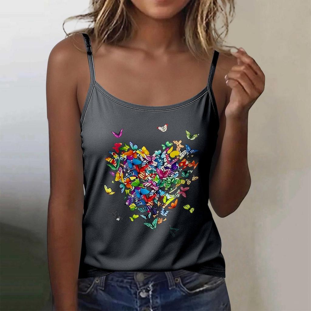 Women Basic Round Neck Sleeveless Slim Fit Stretch Camisole Top with Butterfly Heart Print Casual Tank Top for Daily Wear