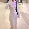 High-end Solid Color Horn-sleeved Knitted Dress for Women's Autumn Royal Sister, Slim and Thin Long-sleeved Hip-wrapped Dress