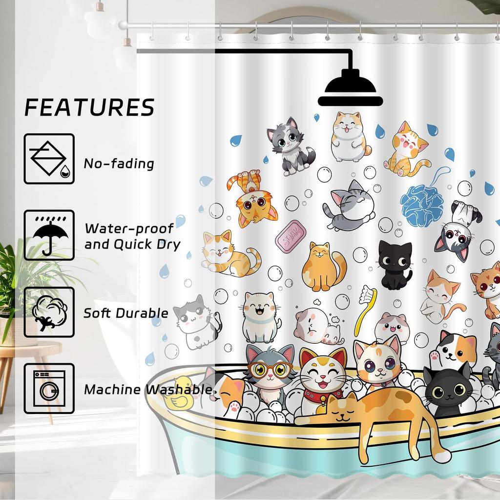 Cute Cat Shower Curtain Set, Funny Cartoon Kids Home Bathroom Decor Polyester Waterproof Fabric Bath Curtain with 12 Hooks