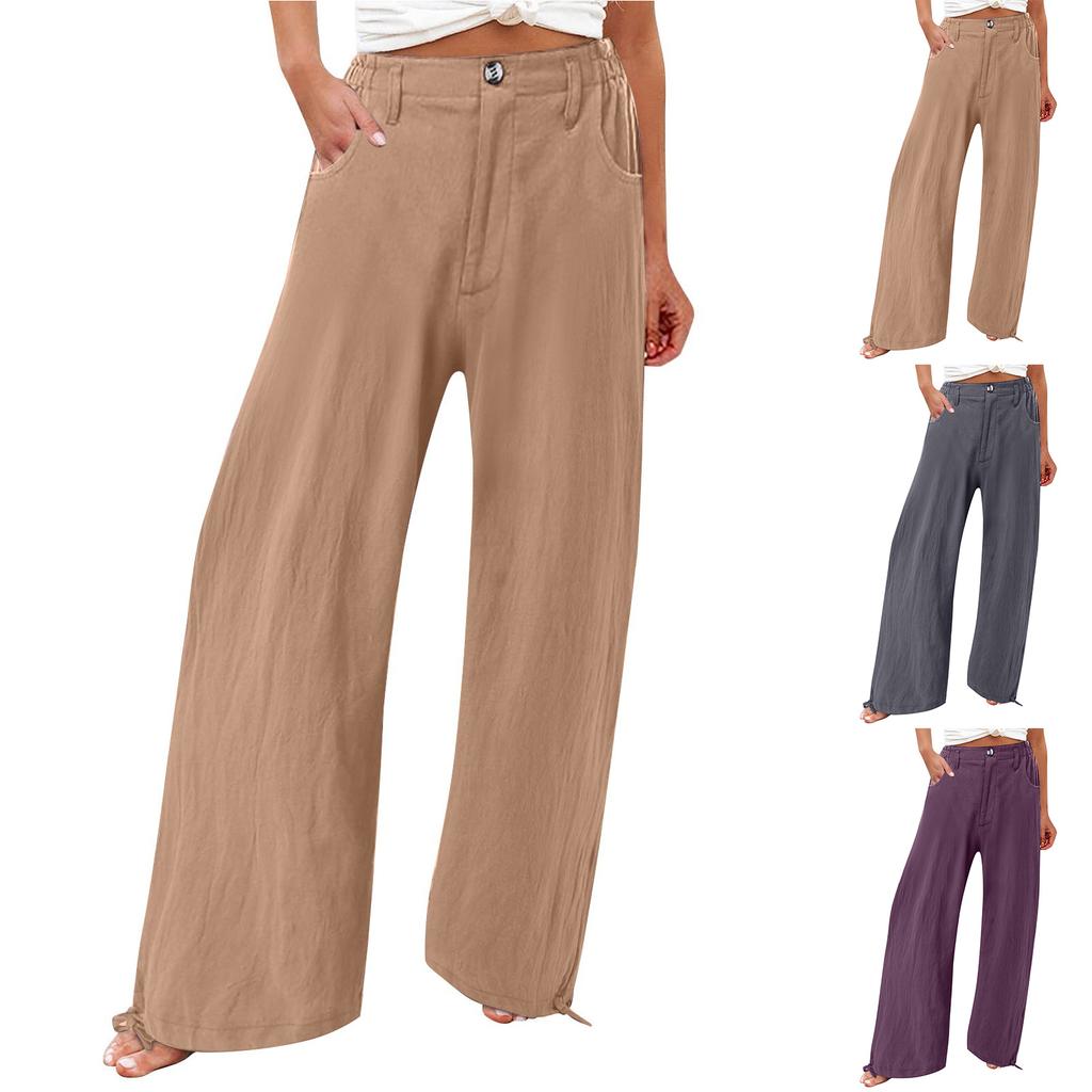 Summer Cotton Linen Wide Leg Pants Women Loose Palazzo Pant Pocket Elastic Waist Button Casual Pants