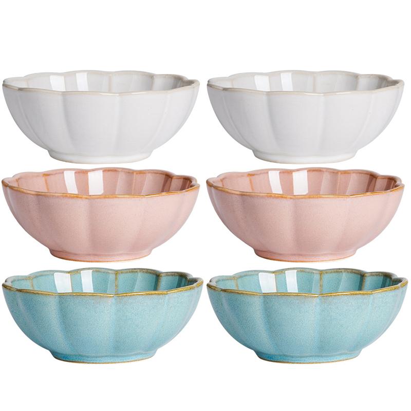6-Piece Ceramic Banchan Bowls Set, Korean Style Flower Shape Kimchi Dishes, 4.3 Inch Appetizer Serving Plate Dishwasher Safe