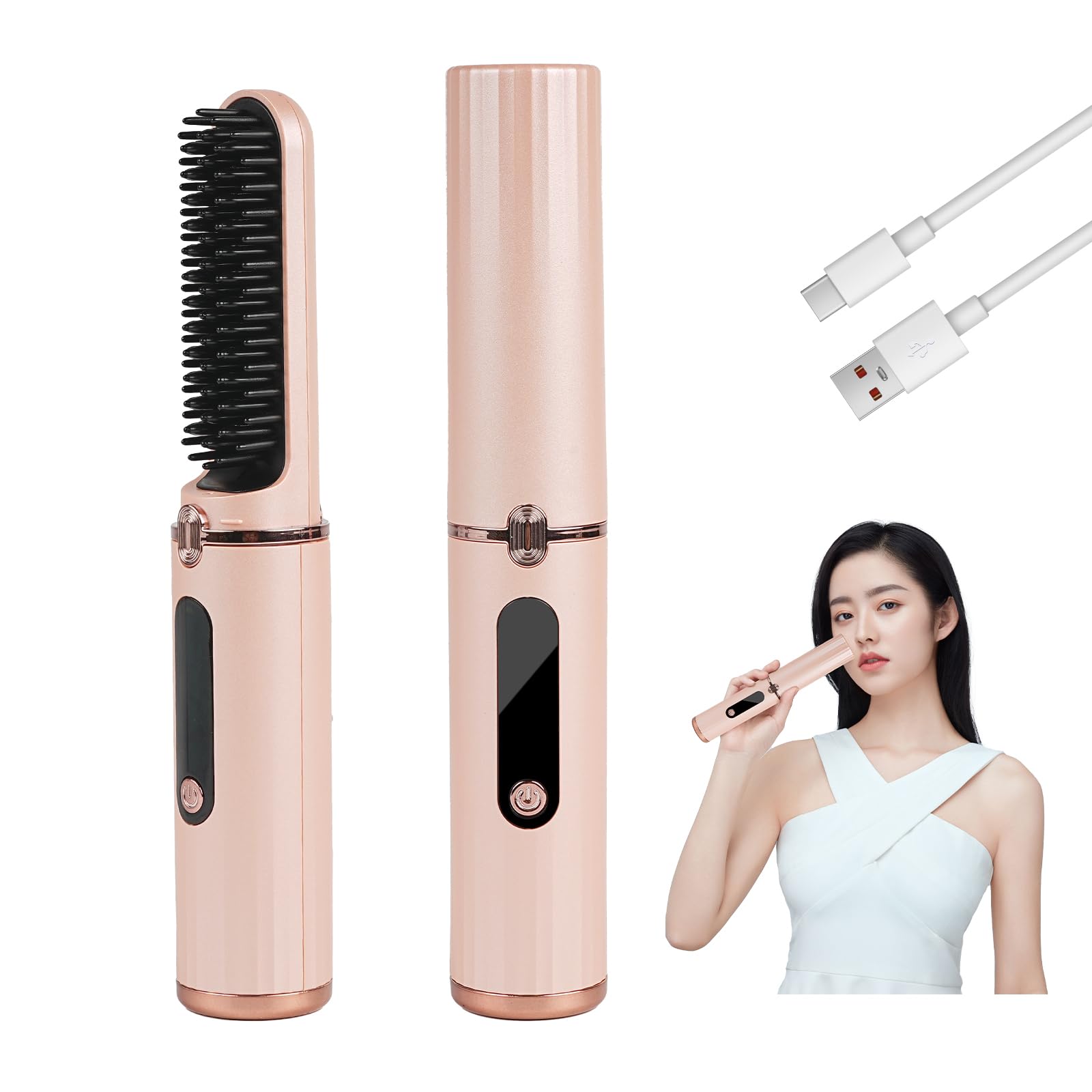 

Tanosimi Cordless Hair Iron with Heat 4 Temperature Settings USB Gift Unisex Brush, (140/160/180/200°C), Portable, Rechargeable, Lightweight, Compact,