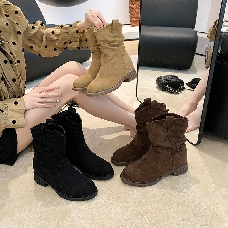 Retro round head stacking boots autumn new merard high heel western cowboy knight boots medium boots short boots
