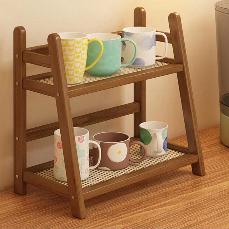 

Двухъярусный органайзер для чашек, Полка для хранения в стиле ротанга, Настольный держатель для кухни, Многофункциональный поднос для организации дома, офиса, кемпинга S