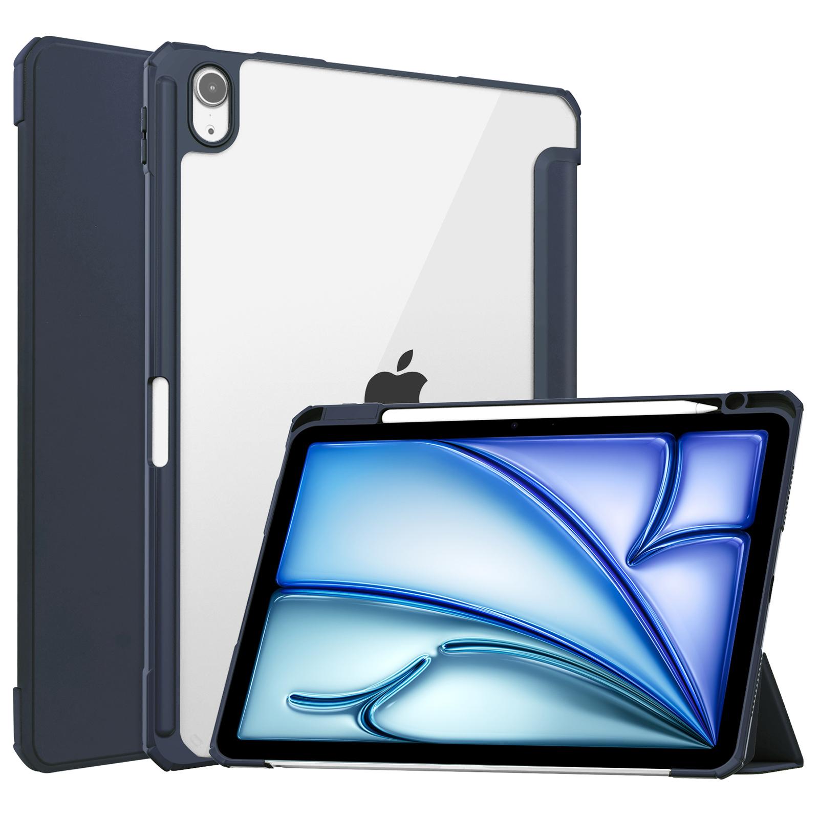 

For iPad Air 11 (2025)/(2024) Clear Case PU Leather Auto Wake Sleep Protective Cover with Pen Slot Dark Blue