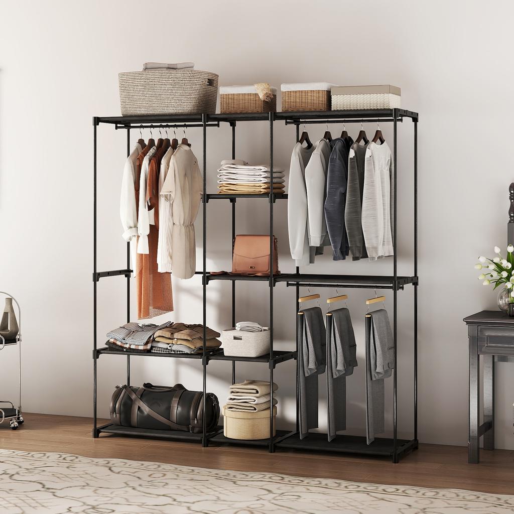 Portable Wardrobe, Open Clothes Wardrobe with 8 Shelves, 3 Hanging Rails, Black