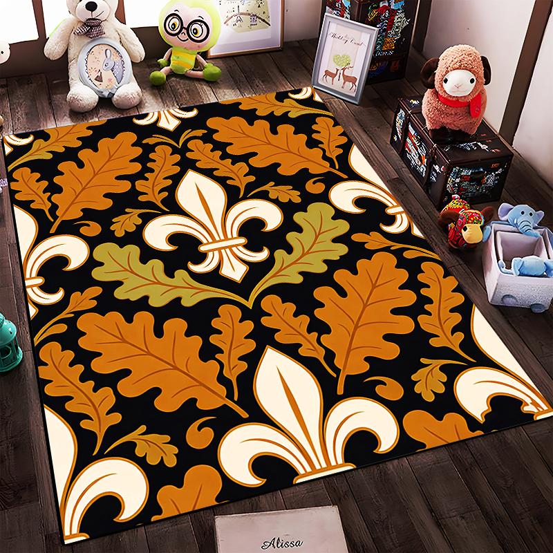 Fleur-de-Lis and Autumn Leaves Printed Carpet, Black and Orange Design Suitable for use as an anti-slip for living room bedroom sofas