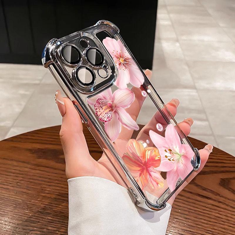 Case For iPhone 14 13 Pro Max 6 7 8 Plus 17 Air X XR XS Max Plating Violet Flowers Shockproof Transparent Soft Cover