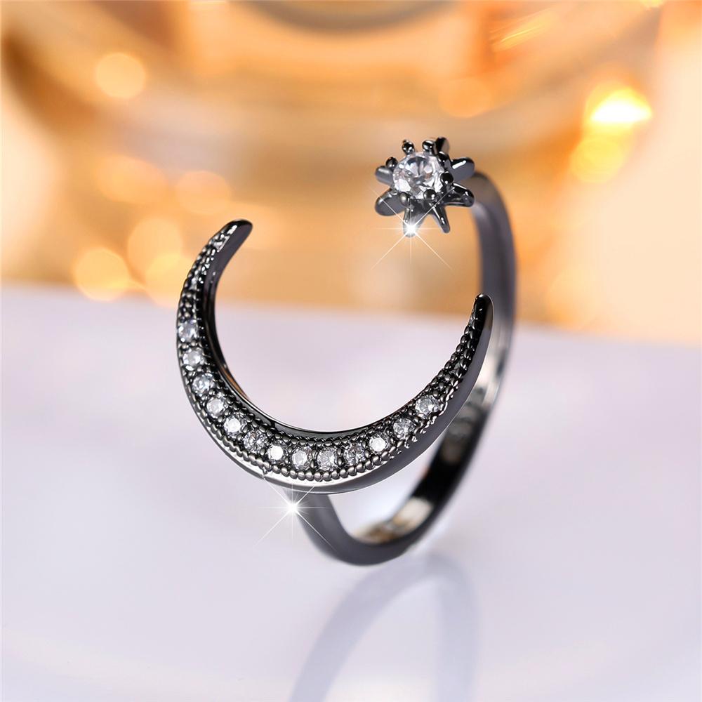 Charm Female Crystal Moon Star Open Ring Black Gold Color Vintage Wedding Jewelry For Women