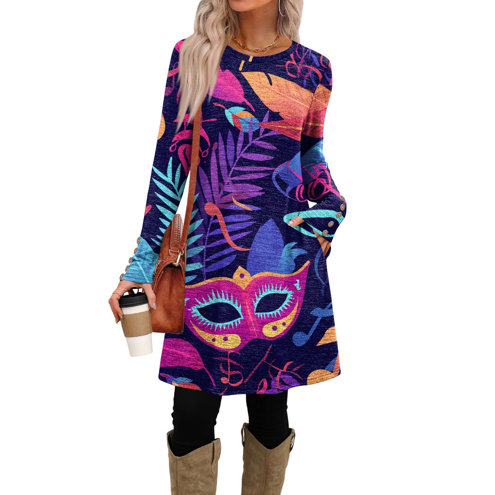 

Женское модное повседневное платье с карманами, декоративными пуговицами, карнавальными принтами, круглым вырезом и длинными рукавами S