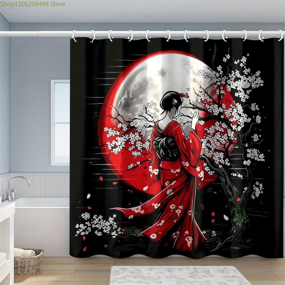 1pc Japanese Kimono & Cherry Blossom Shower Curtain, 180x180cm, with 12 Hooks, Traditional Aesthetic Style for Bathroom Use, B