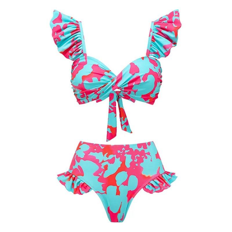 European and American bikini lotus leaf edge printing high waist split swimsuit vacation suit women S