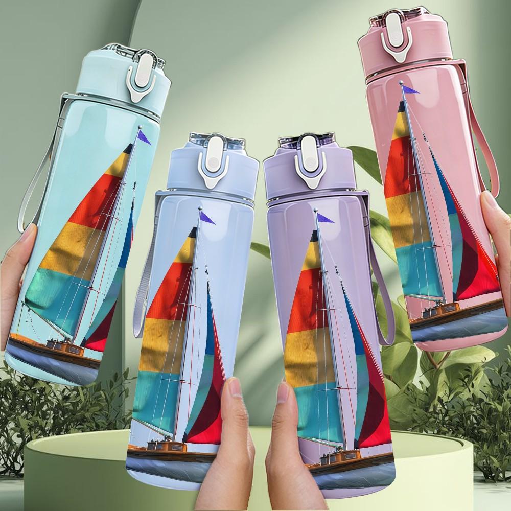 1PC Simple Single Sailboat Ocean Print 750ml Color Plastic Sports Water Bottle Leakproof Flip Straw Lid Suitable for Sports Office Home Use