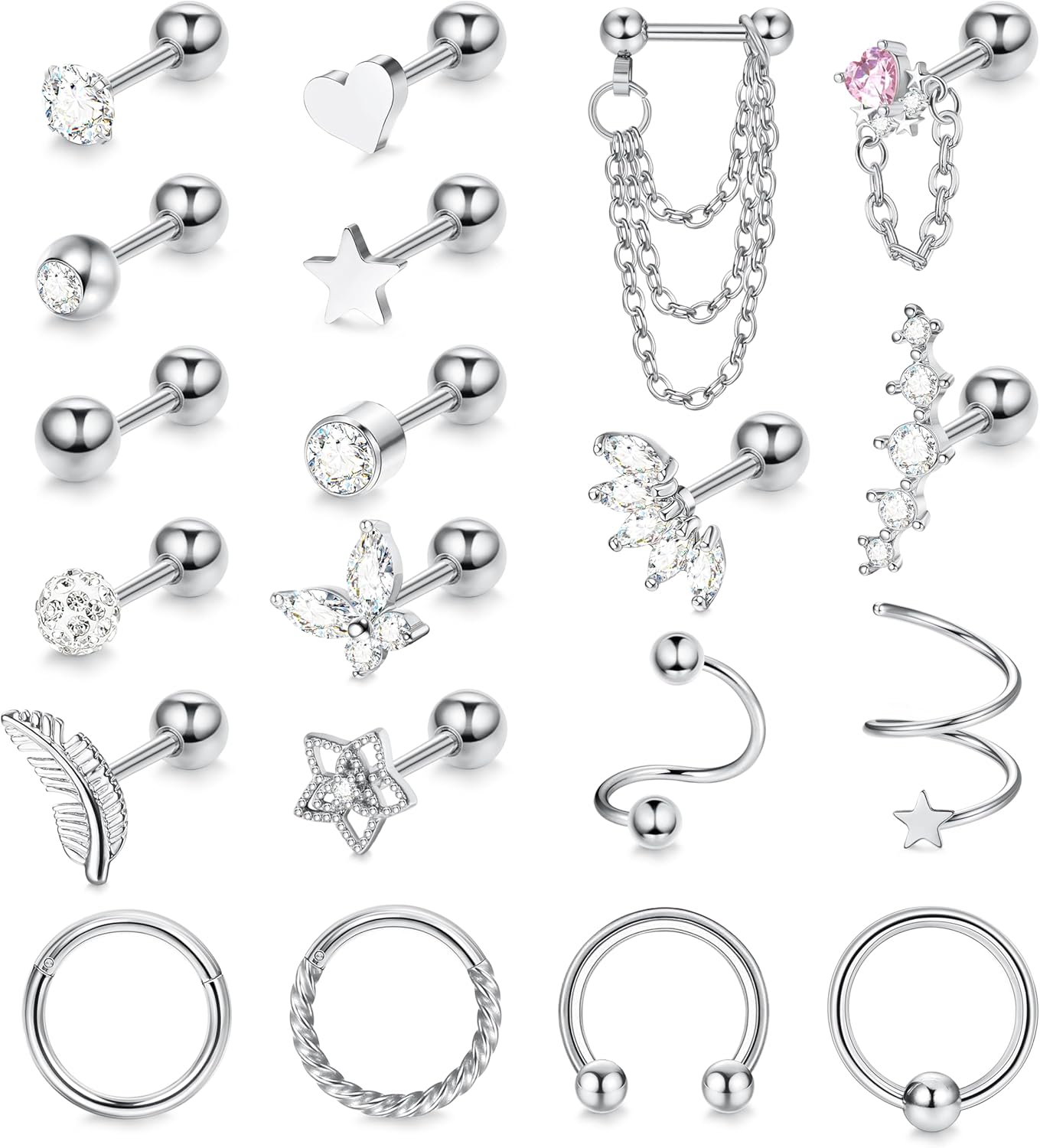 

Bobisty 20Pcs 16G Helix Cartilage Earrings Steel Helix Piercing Jewellery for Women Ball Feather Heart Tragus Stud Hoop Set серебряный