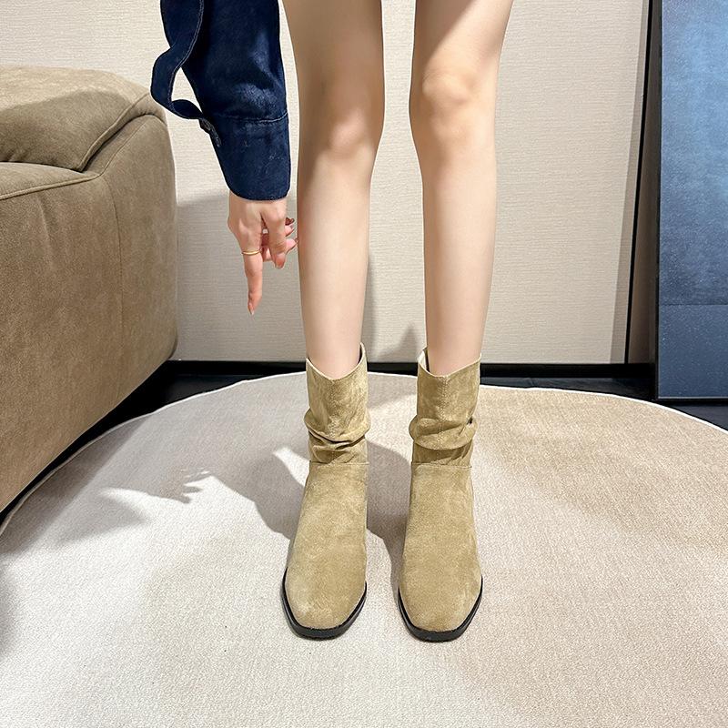 Inner heightening pleated boots women's new retro pointed western cowboy boots casual versatile sleeve knight short boots