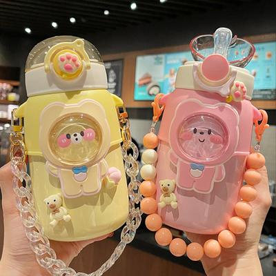 600 ML חמוד דוב תרמוס בקבוק מים עם קש לילדות ילדים בקבוק ואקום נירוסטה מבודד בקבוקים תרמיים חסינים לדליפה