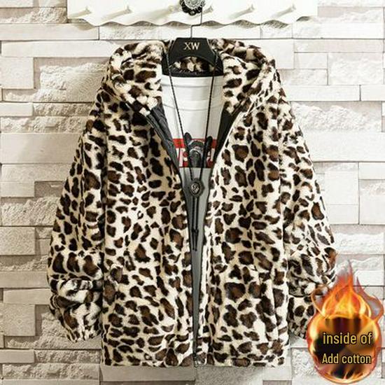Retro Leopard Print Cotton Jacket with Hood - Hip Hop Style, Loose Fit, Plus Velvet, Thickened for Autumn & Winter