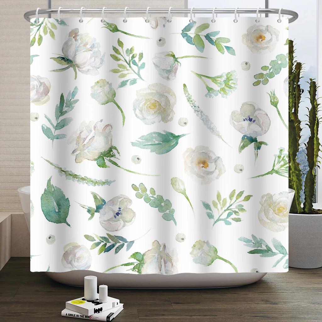 Watercolor Floral Shower Curtain for Bathroom Spring Elegant Flower Printed Bath Curtain Botanical Wildflower Bathroom Decor