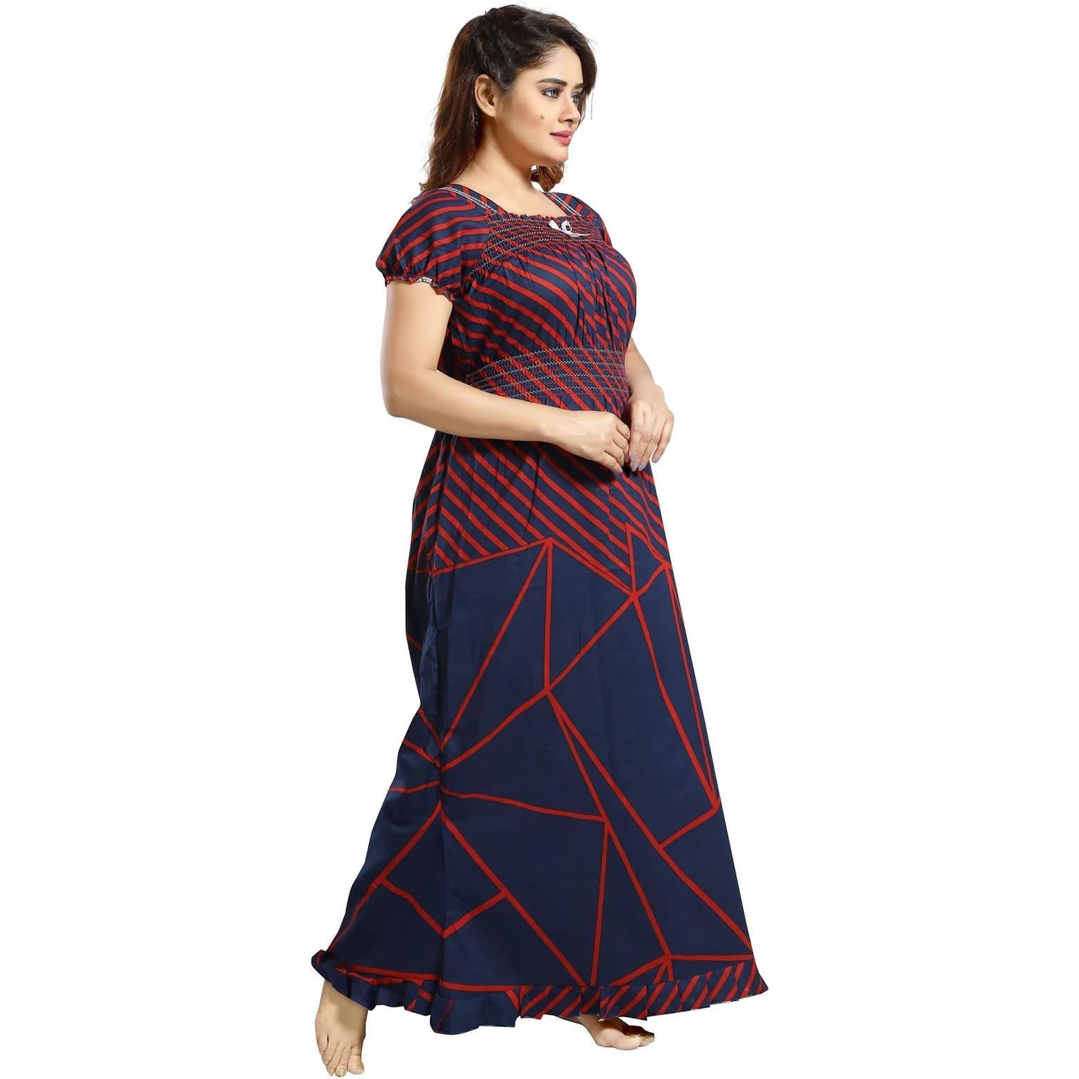 Women Square Neck Night Maxi Gown Indian Cotton Breathable Sleepwear Nighty Free