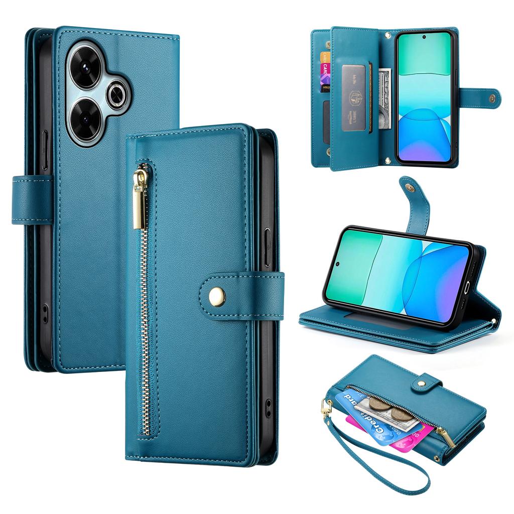 DF-011 For Xiaomi Redmi 13 4G/13 5G Case Zipper Pocket Wallet Leather Phone Cover with Straps