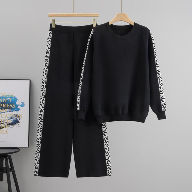 

Модный вязаный повседневный костюм-двойка свободного кроя с длинными рукавами и круглым вырезом one size