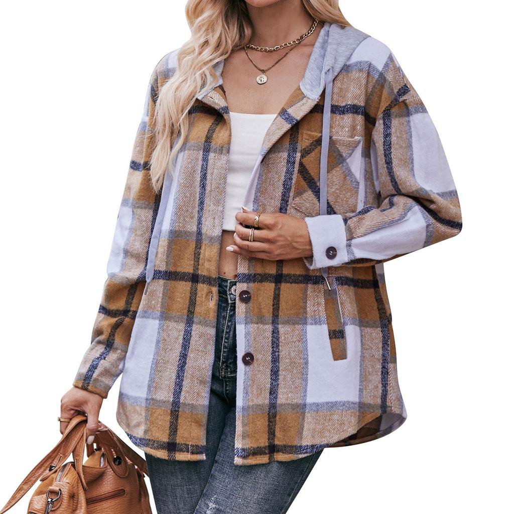Women's Fashion Plaid Long Sleeved Button Up Hooded Pocket Drawstring Casual Shirt Jacket