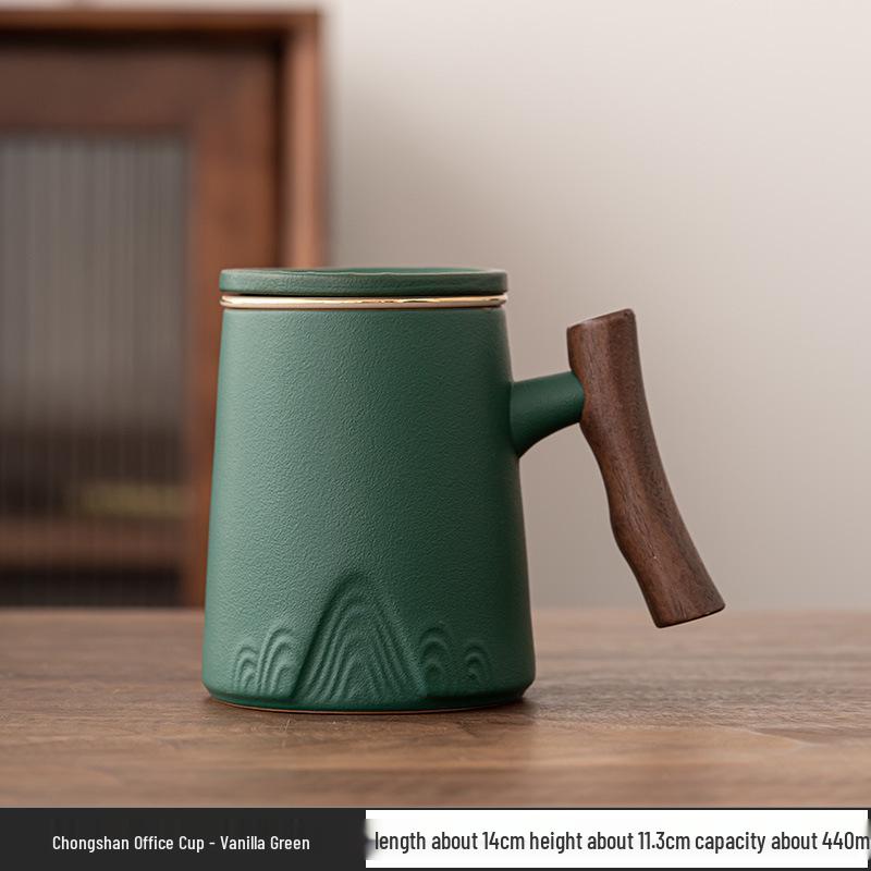 Ceramic Tea Cup with Water Separation, Large Capacity, All-Ceramic Filter, Walnut Wood Handle, Customizable Logo.