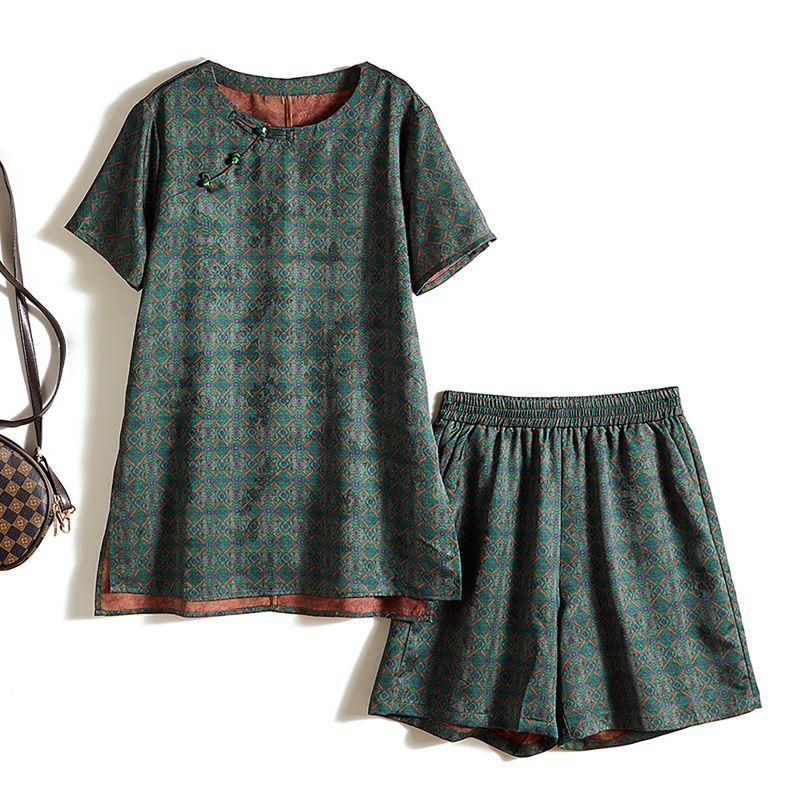 

Атласный костюм в китайском стиле высокого качества! Женская футболка с круглым вырезом и длинным узором, с короткими рукавами и геометрическим графическим принтом + шорты на резинке Green XXXL