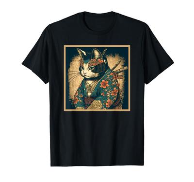 Japonské Art Cat Ninja Anime Tričko Samurai Cat Ukiyo-e