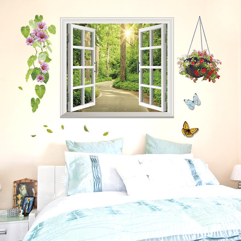 Forest Path Fake Window Wall Sticker Rustic Country Home Decor Vintage Wall Art Living Room Bedroom Wall Decoration Background Peel and Stick