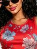 Romantic Watercolor Floral Print On Red Sleeveless Bodycon Mini Dress, Round Neck Form-Fitting Summer Vacation Dress